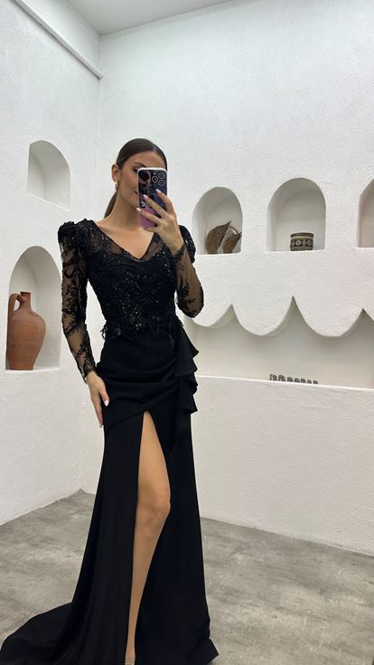 Black Sequin Detail Volleyball Evening Dress