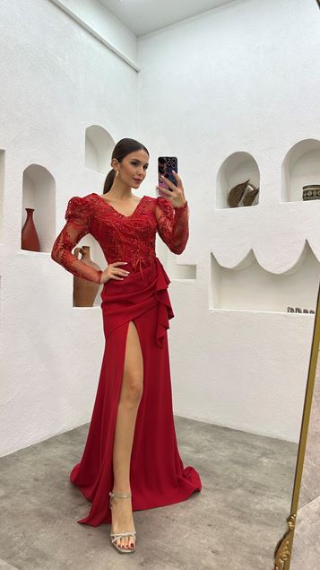 Red Sequin Detail Volleyball Evening Dress