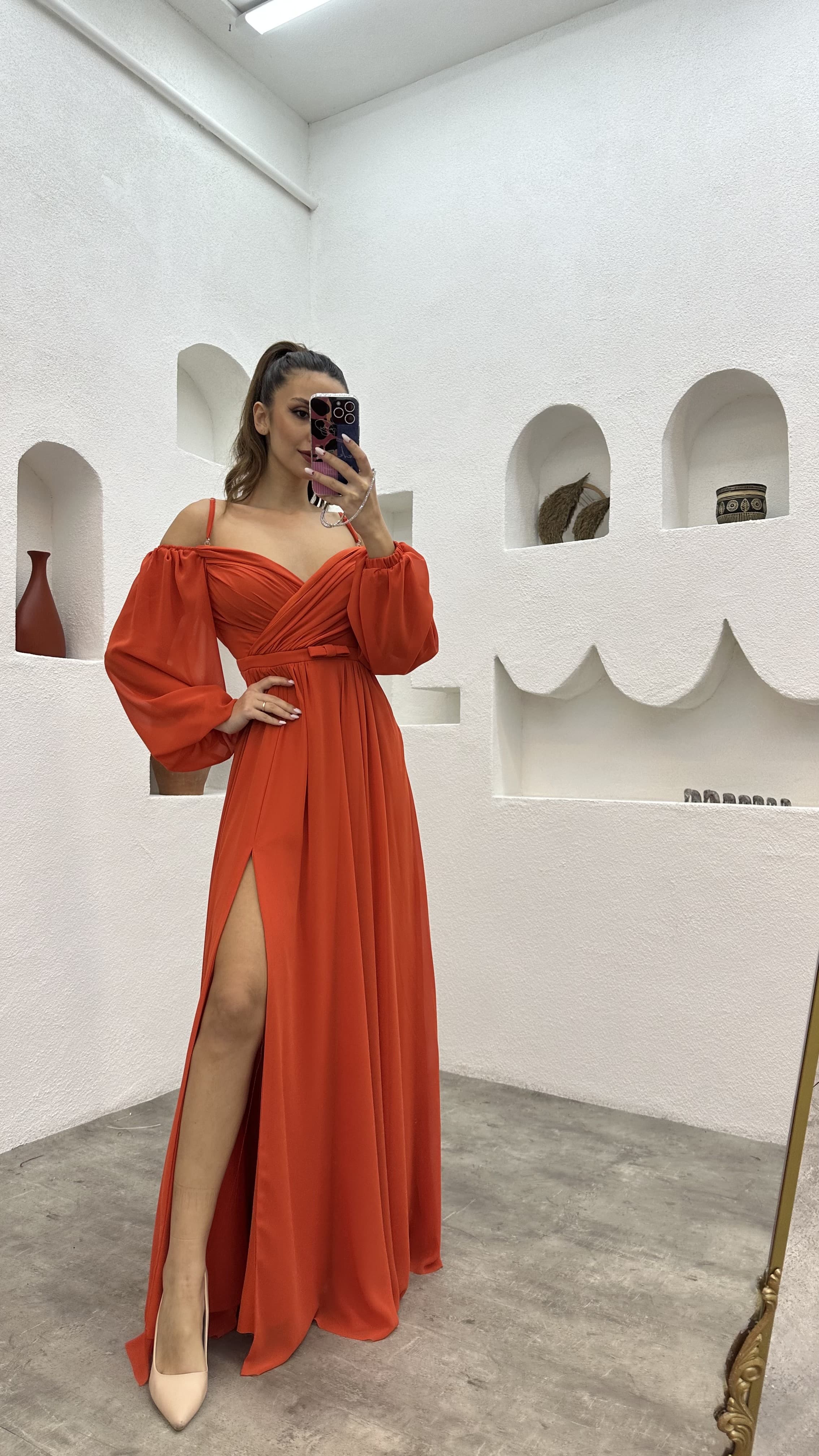 Tile Balloon Sleeve Draped Chiffon Evening Dress