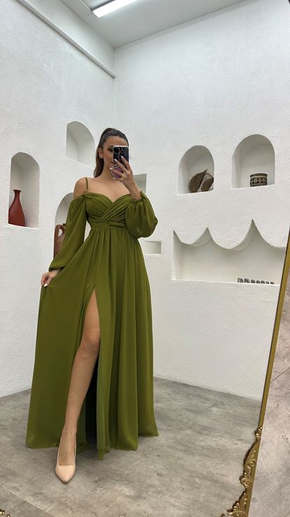 Haki Balon Kol Drapeli Şifon Abiye Elbise