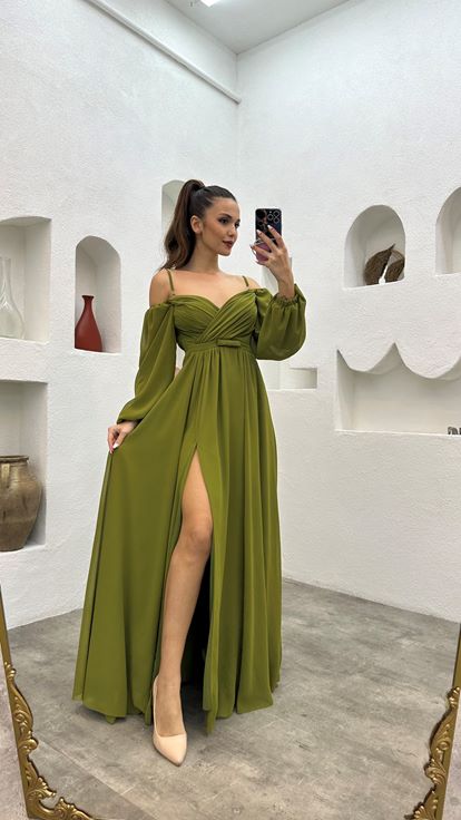 Haki Balon Kol Drapeli Şifon Abiye Elbise