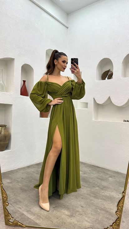 Haki Balon Kol Drapeli Şifon Abiye Elbise