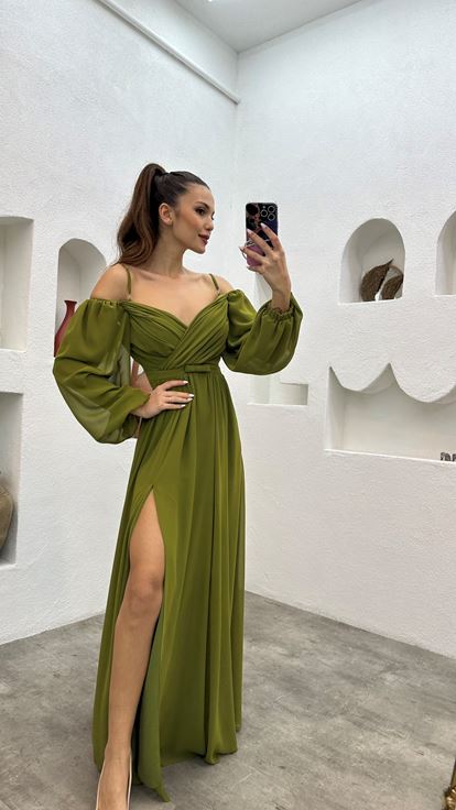 Haki Balon Kol Drapeli Şifon Abiye Elbise