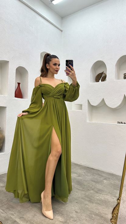 Haki Balon Kol Drapeli Şifon Abiye Elbise