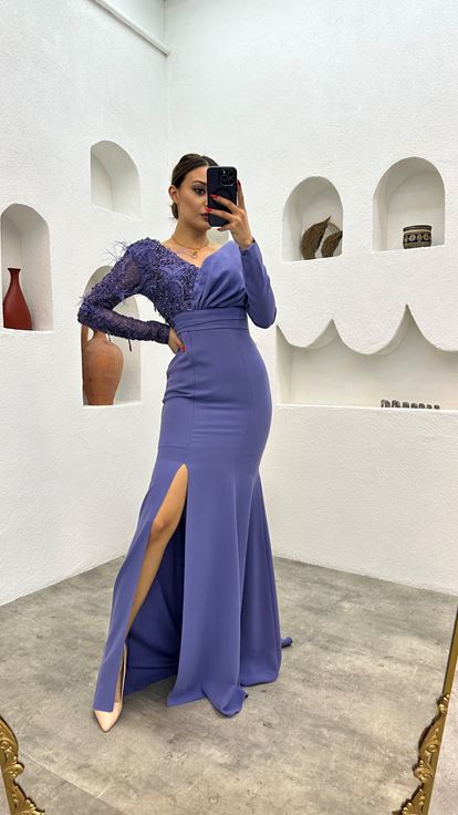 Indigo Embroidered Feather Detail Evening Dress