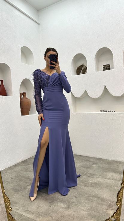 Indigo Embroidered Feather Detail Evening Dress