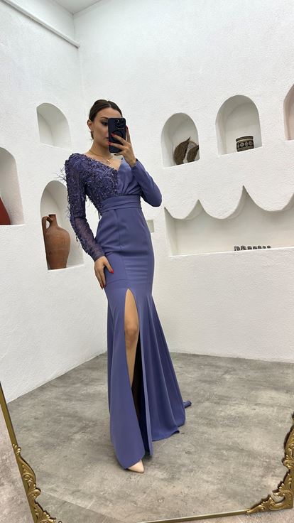Indigo Embroidered Feather Detail Evening Dress