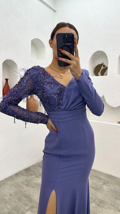 Indigo Embroidered Feather Detail Evening Dress