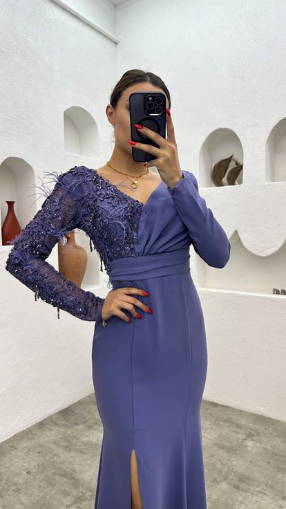Indigo Embroidered Feather Detail Evening Dress