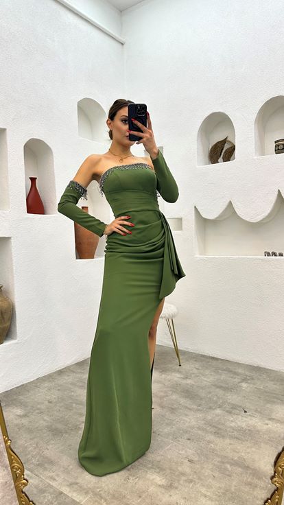 Khaki Draped Evening Dress with Sleeve Detail