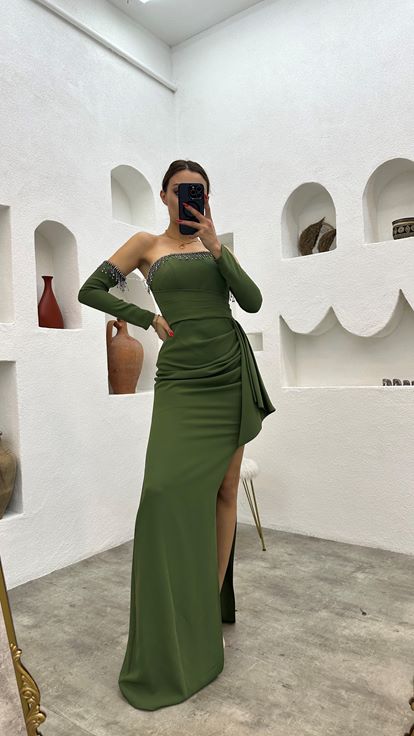 Khaki Draped Evening Dress with Sleeve Detail