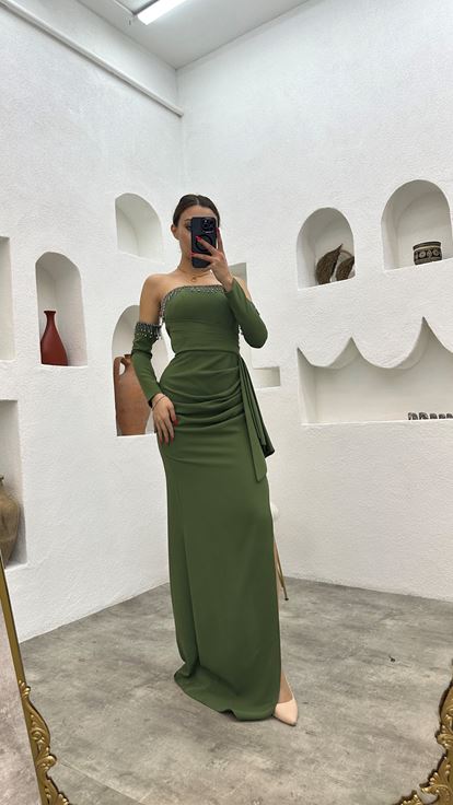 Khaki Draped Evening Dress with Sleeve Detail