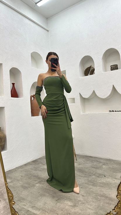 Khaki Draped Evening Dress with Sleeve Detail