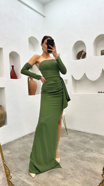 Khaki Draped Evening Dress with Sleeve Detail