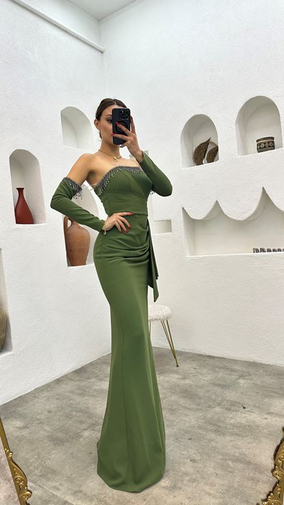 Khaki Draped Evening Dress with Sleeve Detail
