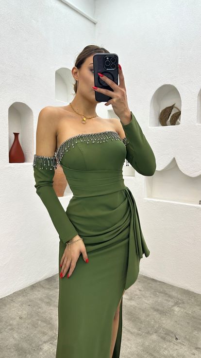 Khaki Draped Evening Dress with Sleeve Detail
