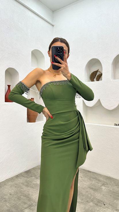 Khaki Draped Evening Dress with Sleeve Detail