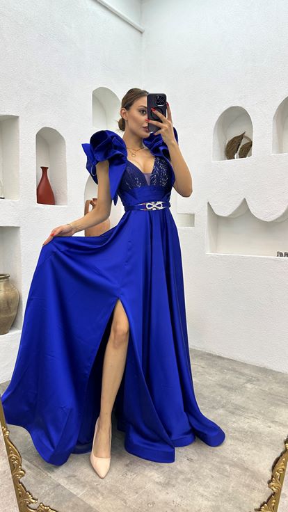 Sax Sleeves Flounced Satin Evening Dress