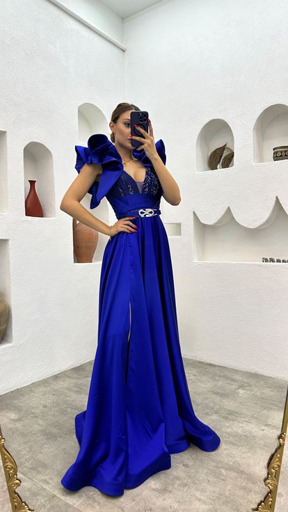 Sax Sleeves Flounced Satin Evening Dress