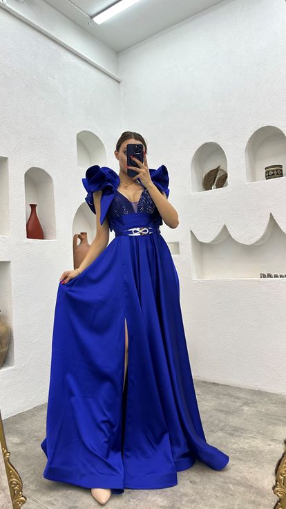 Sax Sleeves Flounced Satin Evening Dress