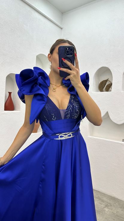 Sax Sleeves Flounced Satin Evening Dress