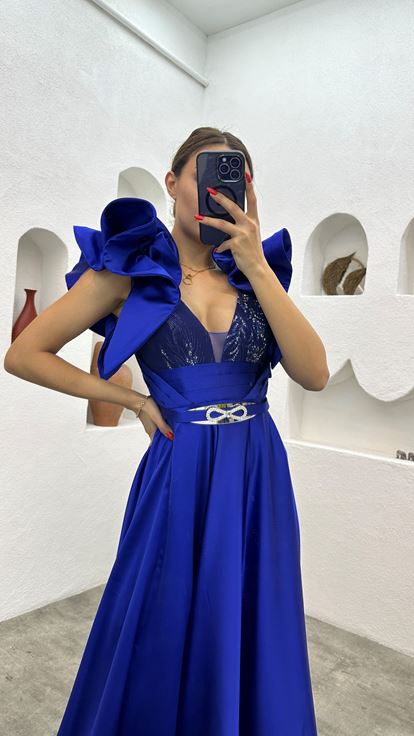 Sax Sleeves Flounced Satin Evening Dress