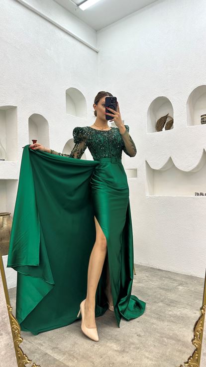 Emerald Belt Sequin Detail Satin Evening Dress