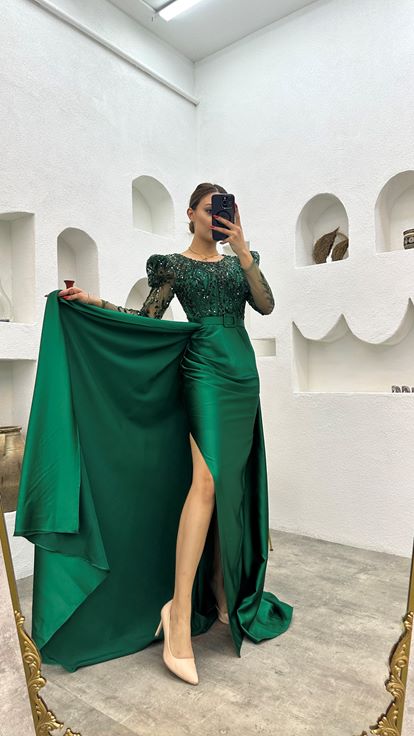 Emerald Belt Sequin Detail Satin Evening Dress