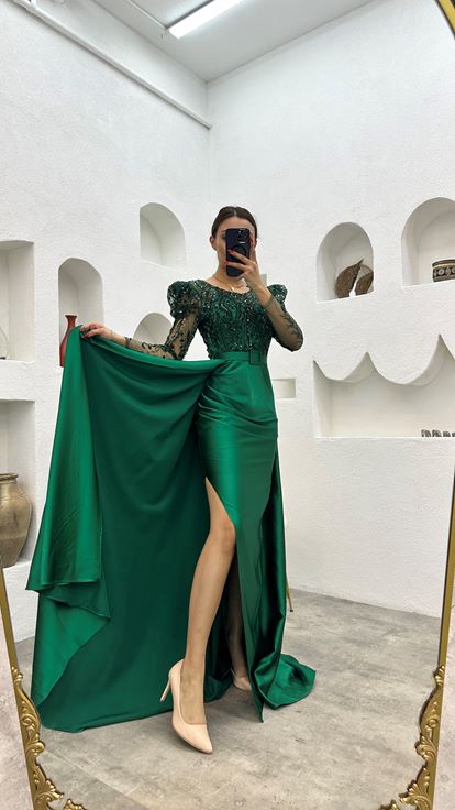 Emerald Belt Sequin Detail Satin Evening Dress