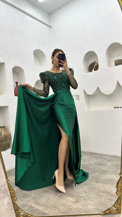 Emerald Belt Sequin Detail Satin Evening Dress