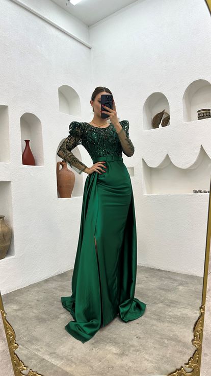 Emerald Belt Sequin Detail Satin Evening Dress