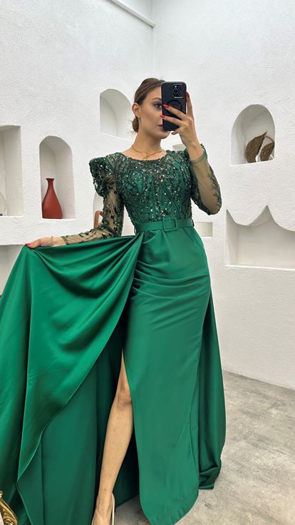 Emerald Belt Sequin Detail Satin Evening Dress