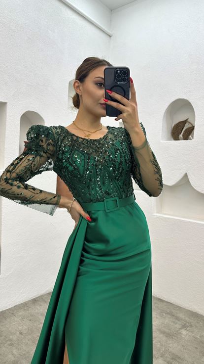 Emerald Belt Sequin Detail Satin Evening Dress