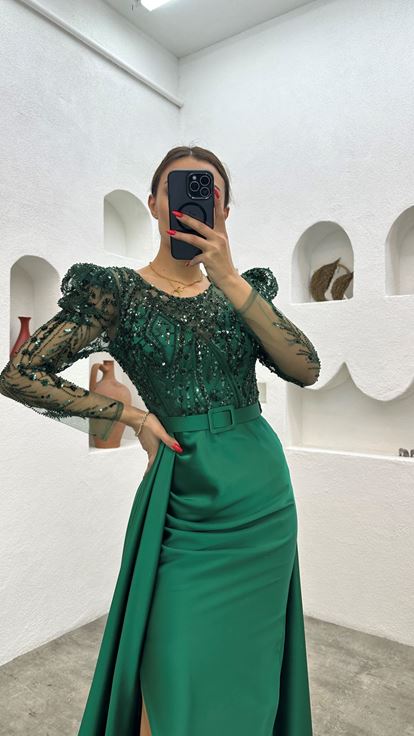Emerald Belt Sequin Detail Satin Evening Dress