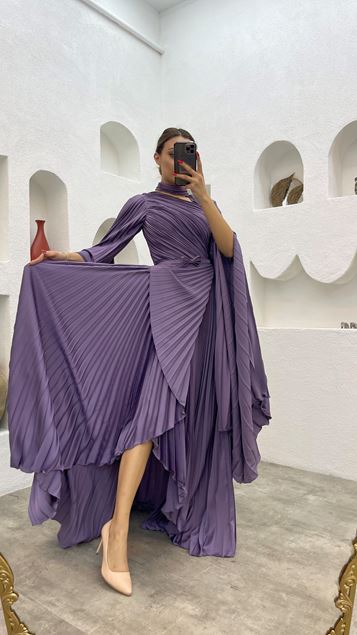 Lilac Pleated One-Shoulder Satin Evening Dress