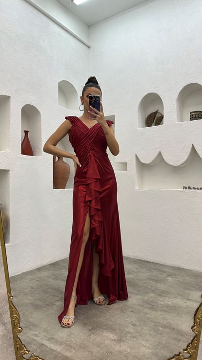 Red Shirred Detail Satin Evening Dress
