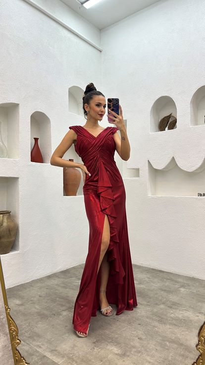 Red Shirred Detail Satin Evening Dress