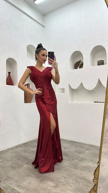 Red Shirred Detail Satin Evening Dress