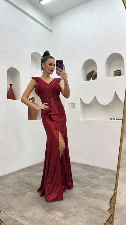 Red Shirred Detail Satin Evening Dress