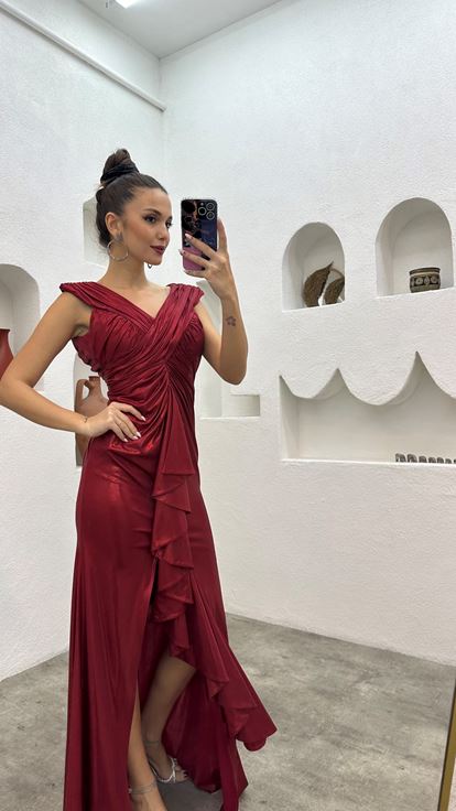 Red Shirred Detail Satin Evening Dress