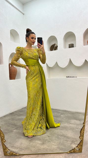 Yellow Belt Detailed Embroidery Evening Dress