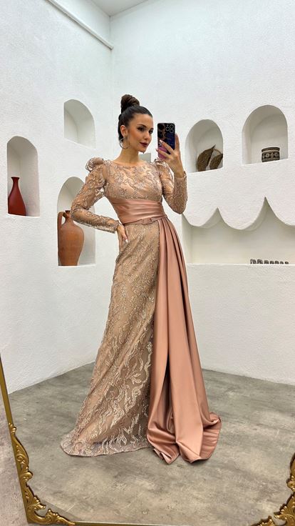 Beige Sash Detailed Embroidery Evening Dress