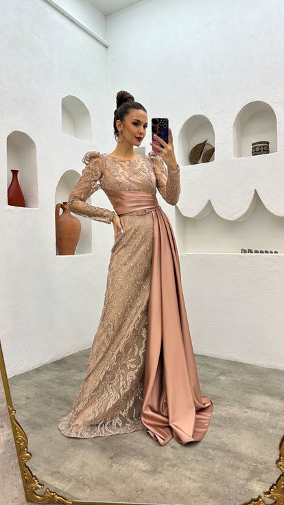 Beige Sash Detailed Embroidery Evening Dress
