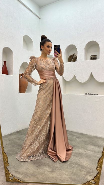 Beige Sash Detailed Embroidery Evening Dress