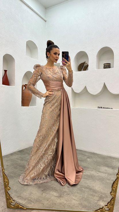 Beige Sash Detailed Embroidery Evening Dress