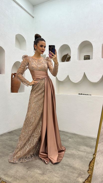 Beige Sash Detailed Embroidery Evening Dress