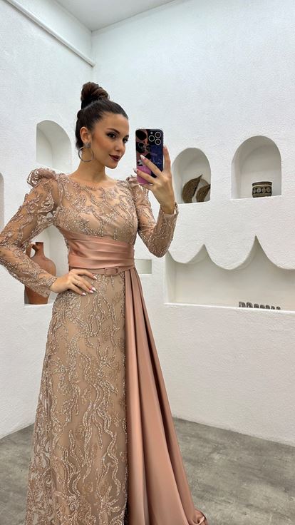 Beige Sash Detailed Embroidery Evening Dress