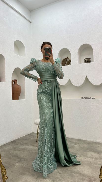 Mint Green Belted Embroidered Evening Dress