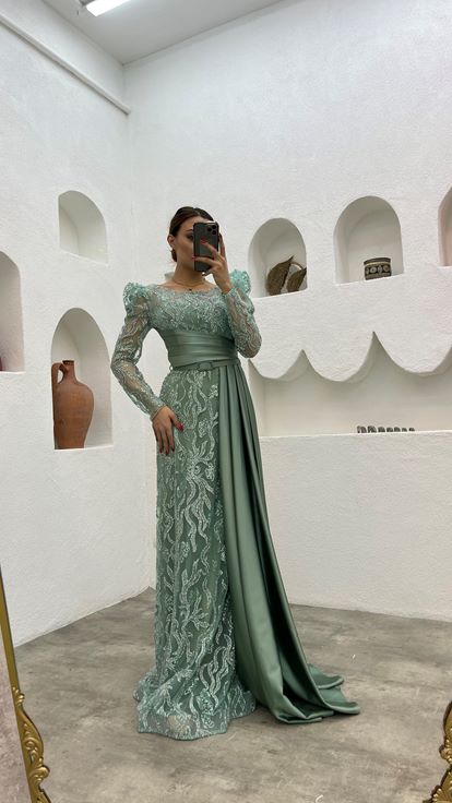 Mint Green Belted Embroidered Evening Dress