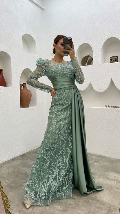 Mint Green Belted Embroidered Evening Dress